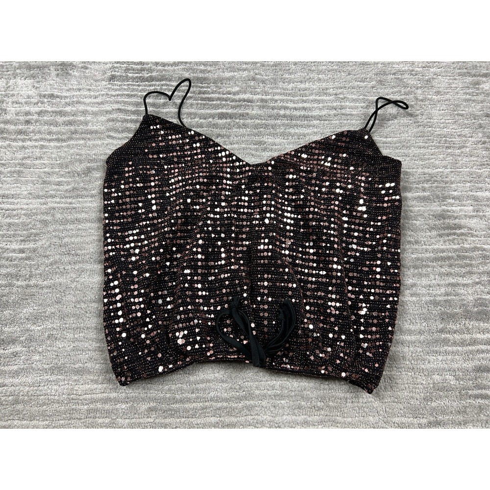 Madi Mase Camisole Womens Medium Rose Gold Sequin V-Neck Drawstring Glam Top